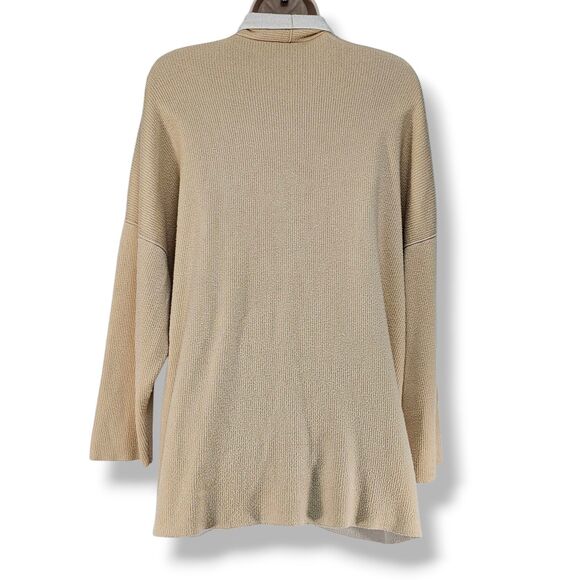 Eileen Fisher Organic Cotton TENCEL™ Knit Cardigan Beige L Open Front Pockets - Picture 2 of 8